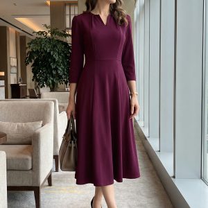 Notch Neck 3/4 Sleeve Pocketed Solid A-Line Work Dress Deep Purple/S - Allegra K catalog