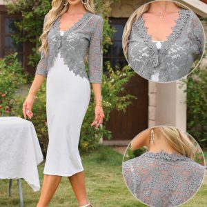 Floral Lace Evening 3/4 Sleeves Formal Elegant Bolero Shrugs Gray/XL - Allegra K catalog