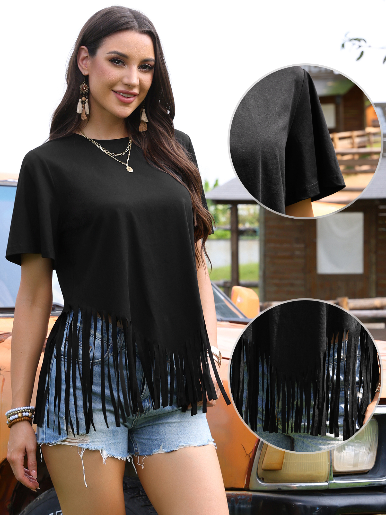 Fringe Short Sleeve Crew Neck Solid Casual Tassel T-Shirts Black/M - Allegra K catalog