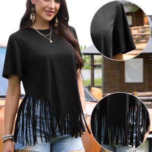 Fringe Short Sleeve Crew Neck Solid Casual Tassel T-Shirts Black/L - Allegra K catalog