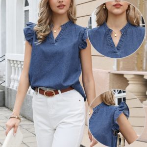 Denim Ruffled Sleeve Notch Neck Casual Jean Blouse Blue/L - Allegra K catalog