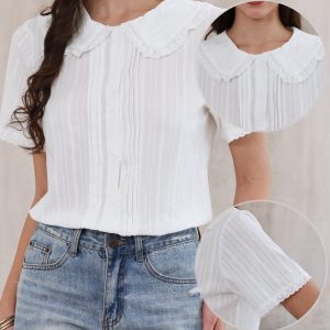 Short Sleeve Peter Pan Collar Button Down Cotton Blouse White/S - Allegra K catalog
