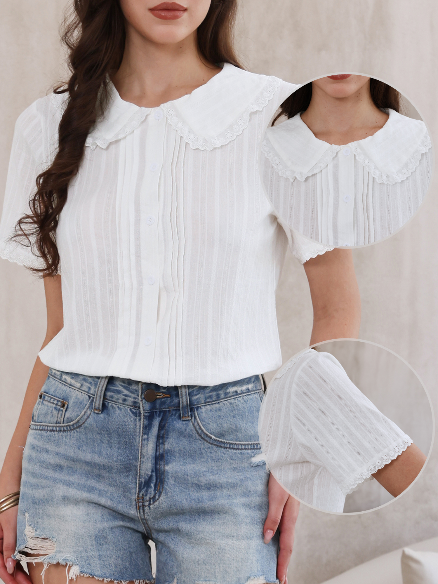 Short Sleeve Peter Pan Collar Button Down Cotton Blouse White/2XL - Allegra K catalog