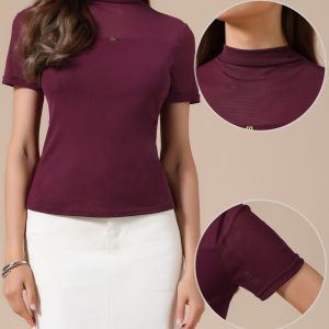 Summer Illusion Mock Neck Short Sleeve Sheer Mesh Blouse Wine Red/S - Allegra K catalog