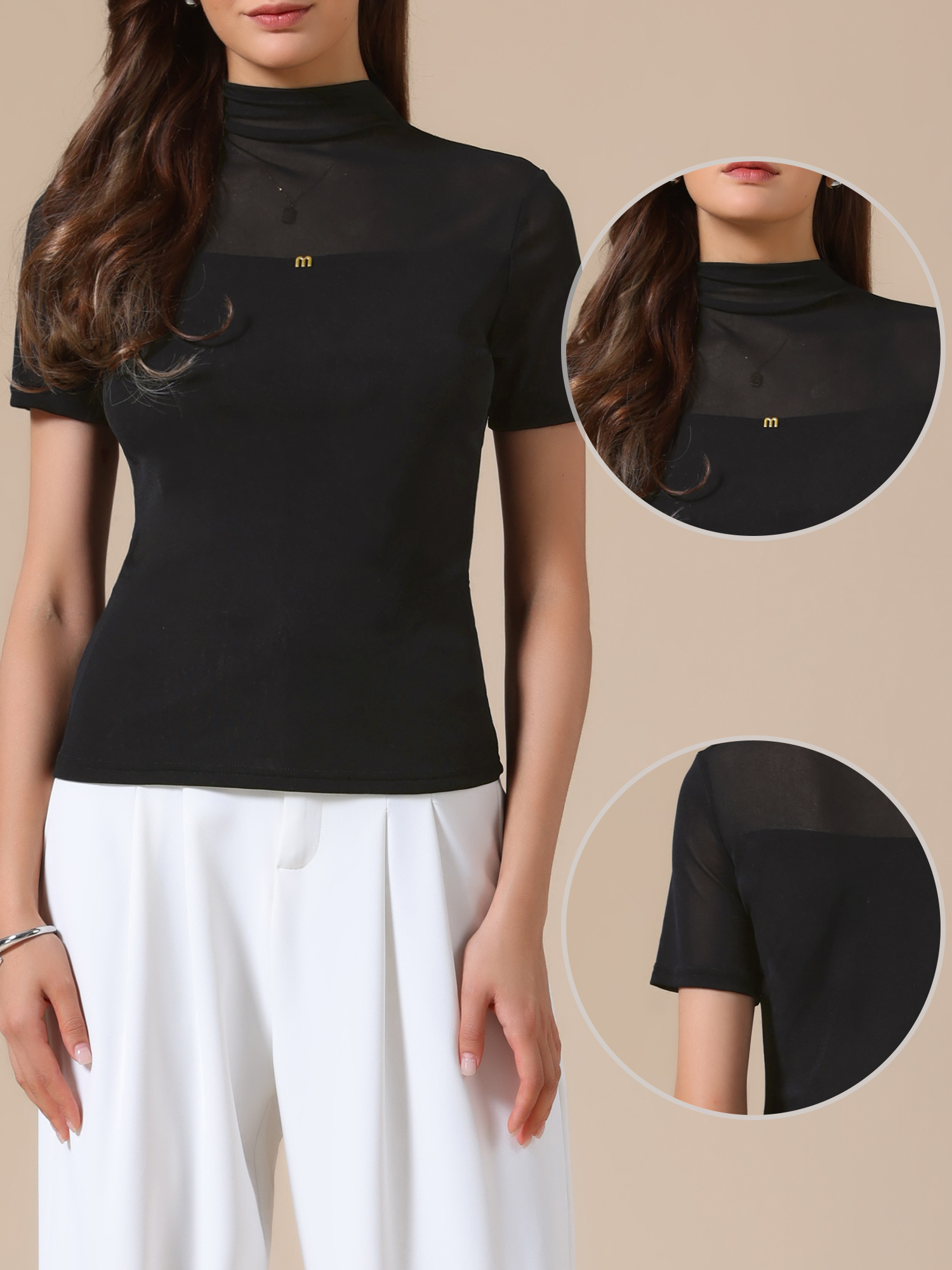Summer Illusion Mock Neck Short Sleeve Sheer Mesh Blouse Black/S - Allegra K catalog