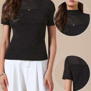 Summer Illusion Mock Neck Short Sleeve Sheer Mesh Blouse Black/M - Allegra K catalog