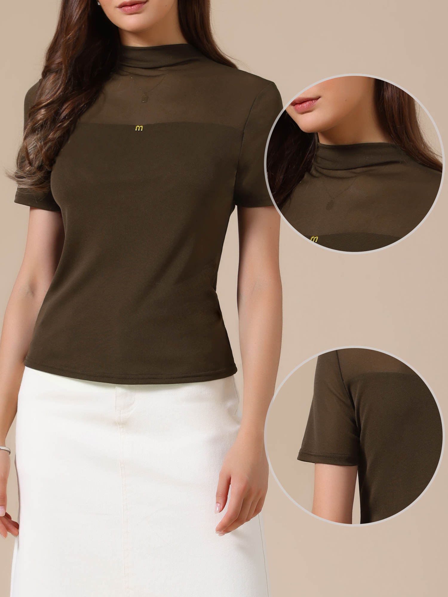 Summer Illusion Mock Neck Short Sleeve Sheer Mesh Blouse Coffee/S - Allegra K catalog