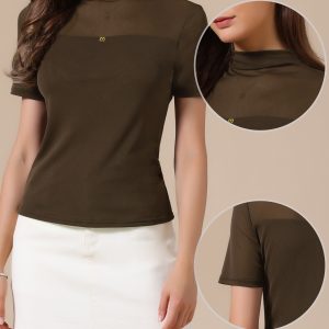 Summer Illusion Mock Neck Short Sleeve Sheer Mesh Blouse Coffee/M - Allegra K catalog