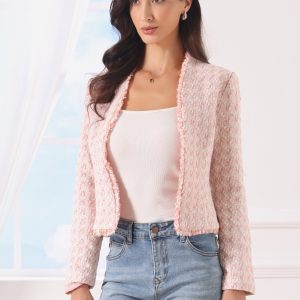 Plaid Tweed Long Sleeve Open Front Work Office Jacket Pink/S - Allegra K catalog