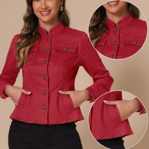 Casual Denim Classic Stand Collar Long Sleeve Jean Jacket Red/M - Allegra K catalog
