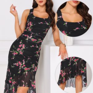 Floral Bodycon Sleeveless Square Neck Ruched Mesh Fishtail Dress Black/M - Allegra K catalog