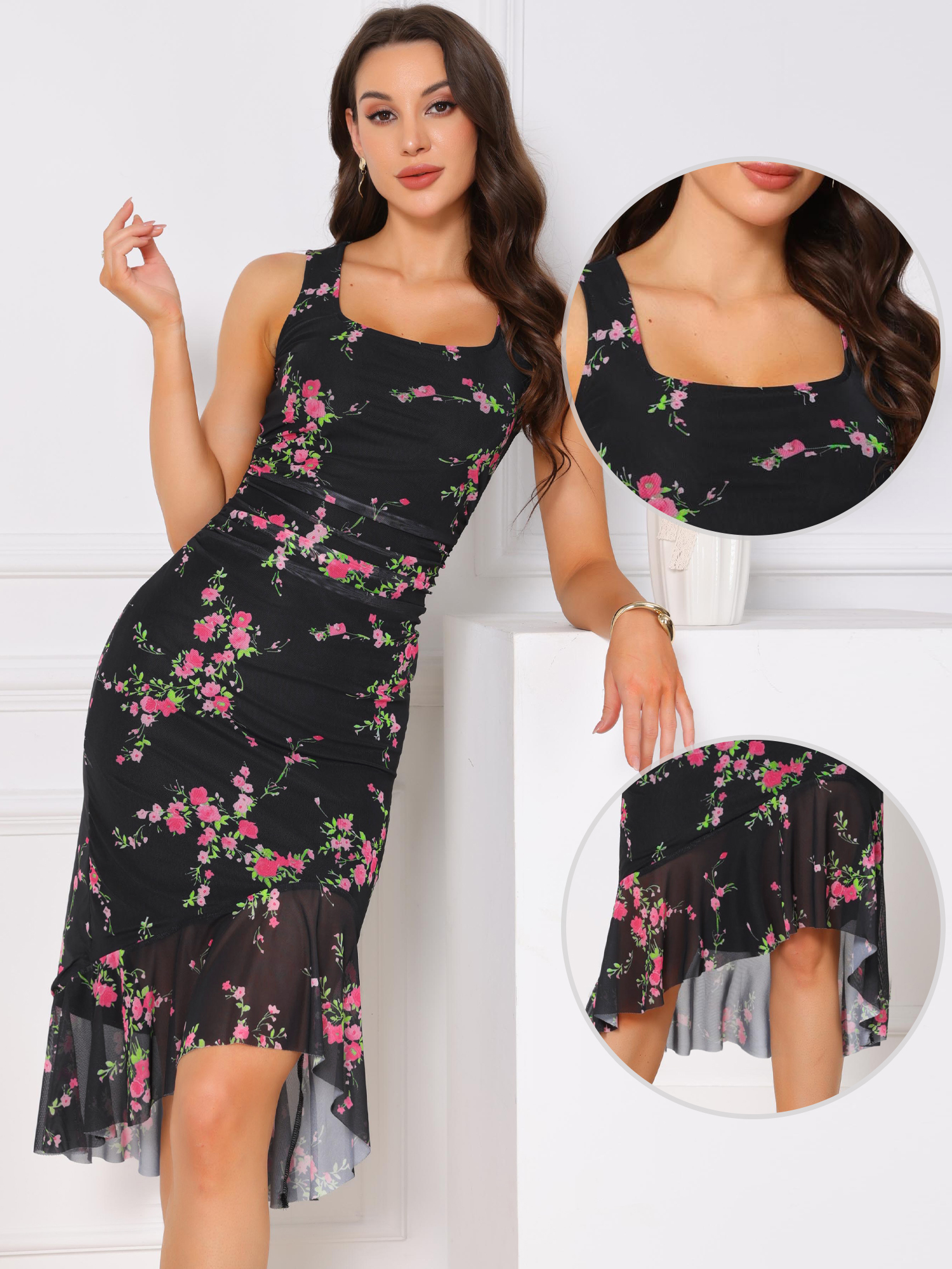 Floral Bodycon Sleeveless Square Neck Ruched Mesh Fishtail Dress Black/XL - Allegra K catalog