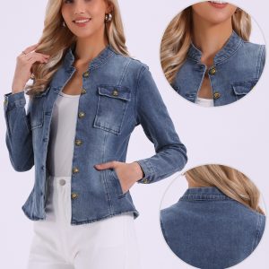 Casual Denim Classic Stand Collar Long Sleeve Jean Jacket Gray Blues/L - Allegra K catalog