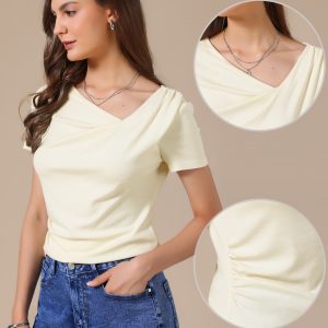 Short Sleeves Ruched Going Out Cropped Blouse Apricot/S - Allegra K catalog
