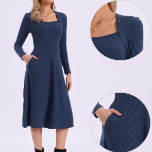 Casual Square Neck A-Line Pockets Midi Knitted Sweater Dress Dark Blue/XS - Allegra K catalog