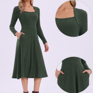 Casual Square Neck A-Line Pockets Midi Knitted Sweater Dress Green/M - Allegra K catalog