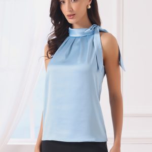 Elegant Satin Sleeveless Tie Knot Mock Neck Solid Work Blouse Top Light Blue/M - Allegra K catalog