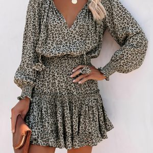 Leopard Print Mini Dress - V-Neck with Smocked Bodice & Ruffled Tiered Skirt Leopard/XS - Allegra K catalog