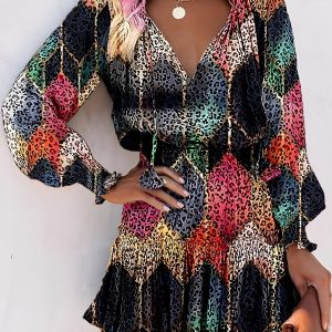 Leopard Print Mini Dress - V-Neck with Smocked Bodice & Ruffled Tiered Skirt Black/XS - Allegra K catalog