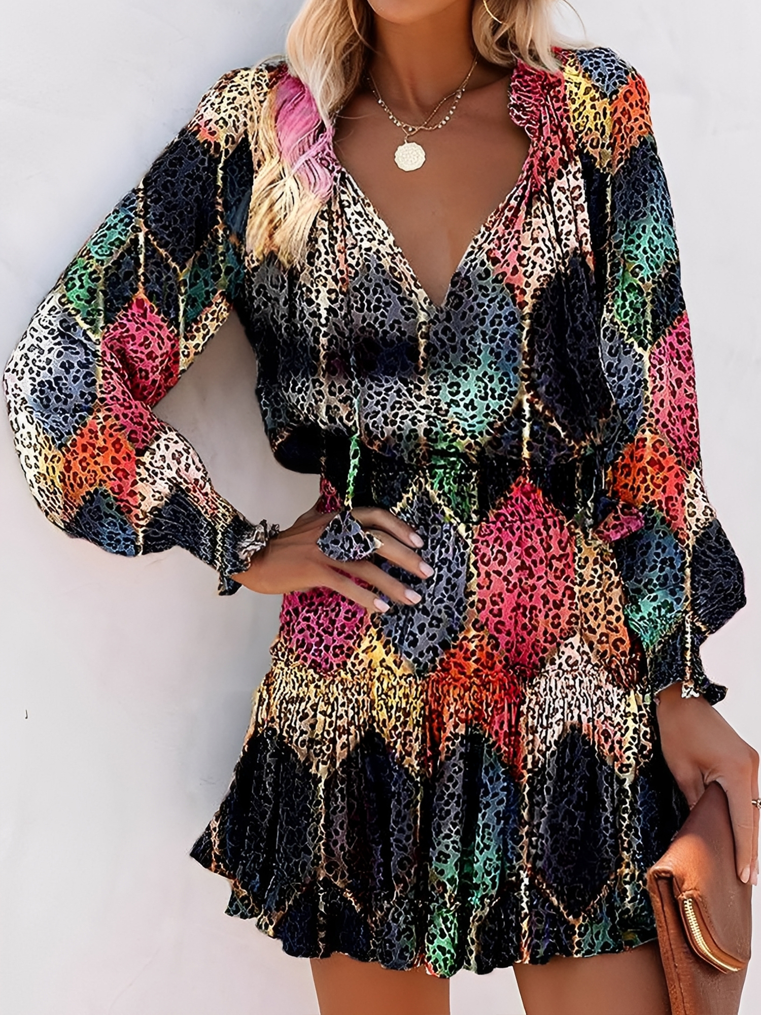 Leopard Print Mini Dress - V-Neck with Smocked Bodice & Ruffled Tiered Skirt Black/S - Allegra K catalog