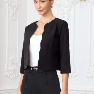 Open Front 3/4 Sleeve Cropped Work Office Jackets Black/L - Allegra K catalog
