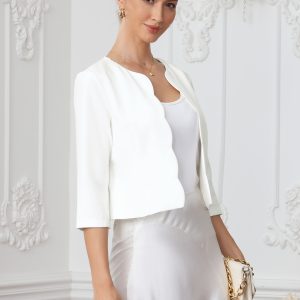 Open Front 3/4 Sleeve Cropped Work Office Jackets White/XL - Allegra K catalog