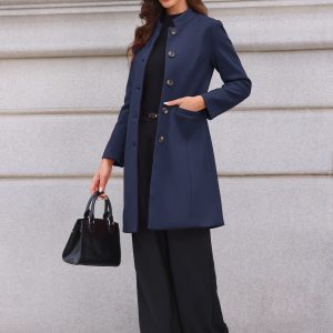 Stand Collar Single Breasted Mid-Long Overcoat Navy Blue/L - Allegra K catalog