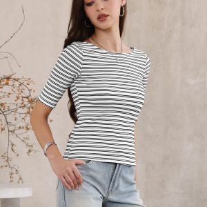 Striped Boat Neck Short Sleeve T-Shirt White/M - Allegra K catalog