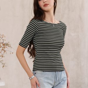 Striped Boat Neck Short Sleeve T-Shirt Black/M - Allegra K catalog
