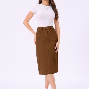Casual Denim High Waist Stretchy Midi Pencil Jean Skirt Brown/2XL - Allegra K catalog