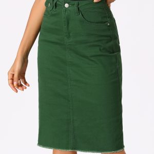 Casual High Waist Back Slit Stretch Denim Midi Jean Skirt Green/3XL - Allegra K catalog