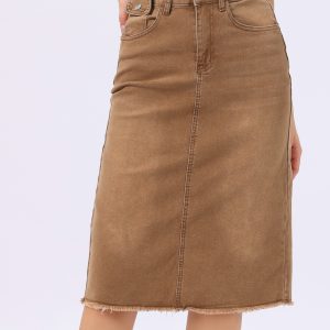Casual High Waist Back Slit Stretch Denim Midi Jean Skirt Washed Brown/M - Allegra K catalog