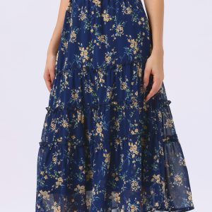 Chiffon Floral Printed Long Tiered Ruffle Boho Midi Skirt Blue Yellow Floral/L - Allegra K catalog