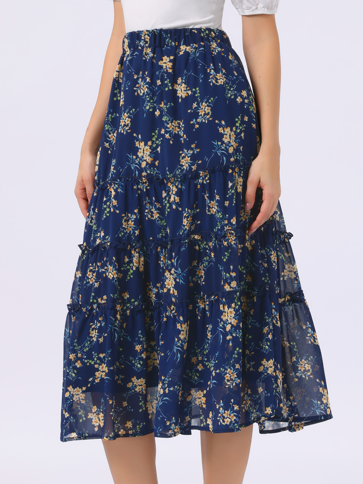 Chiffon Floral Printed Long Tiered Ruffle Boho Midi Skirt Blue Yellow Floral/XL - Allegra K catalog