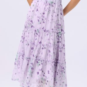 Chiffon Floral Printed Long Tiered Ruffle Boho Midi Skirt Purple Floral/XS - Allegra K catalog