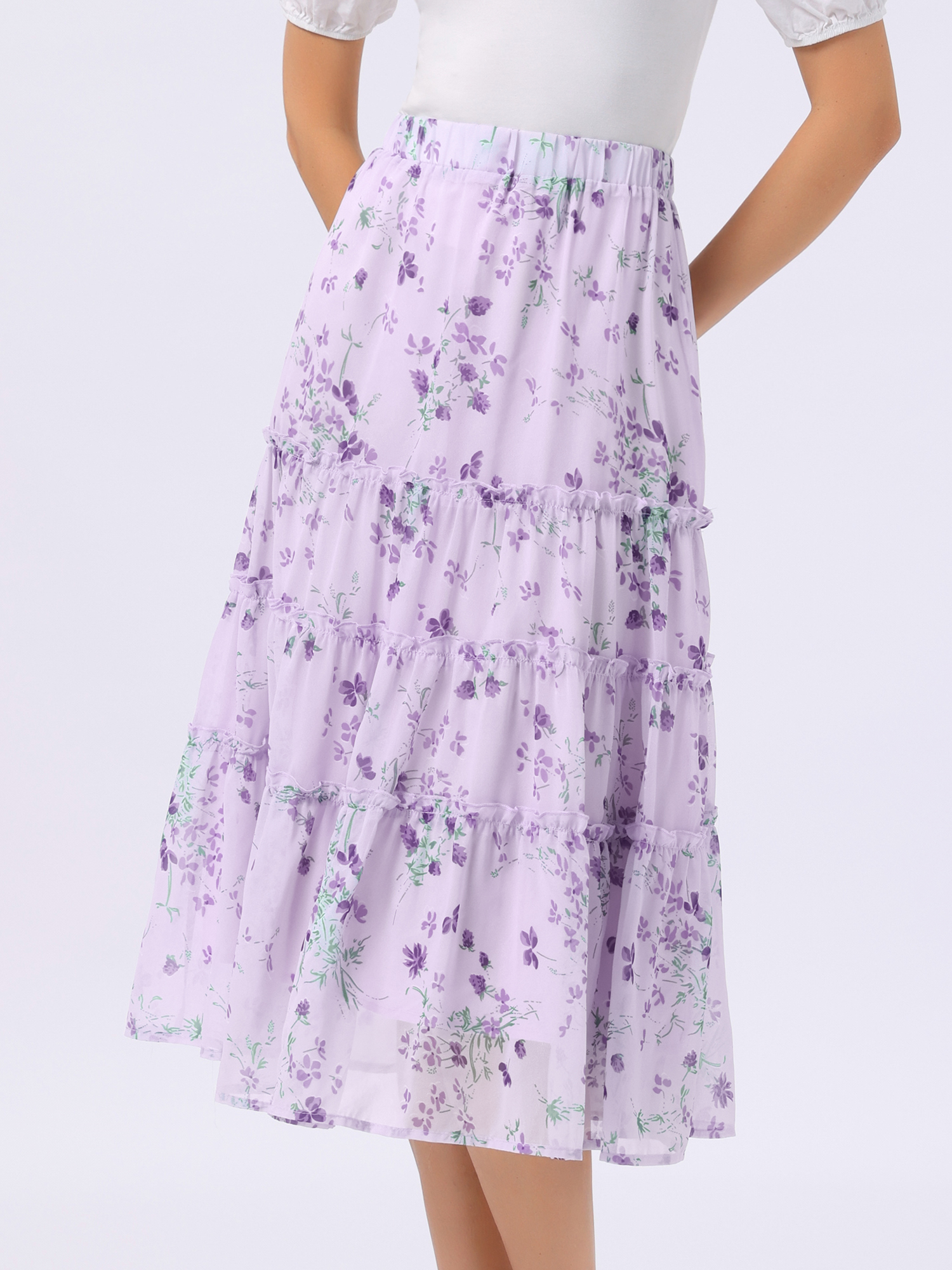 Chiffon Floral Printed Long Tiered Ruffle Boho Midi Skirt Purple Floral/XL - Allegra K catalog