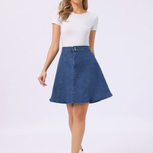 High Waisted A-Line Flared Casual Denim Midi Jean Skirt Denim Blue/M - Allegra K catalog