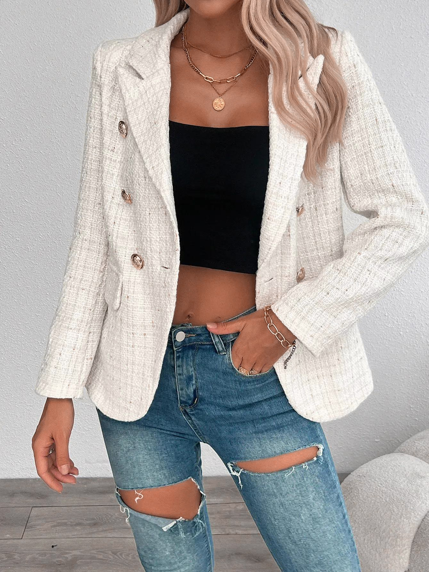 Tweed Notched Lapel Long Sleeves Plaid Blazer Apricot/L - Allegra K catalog