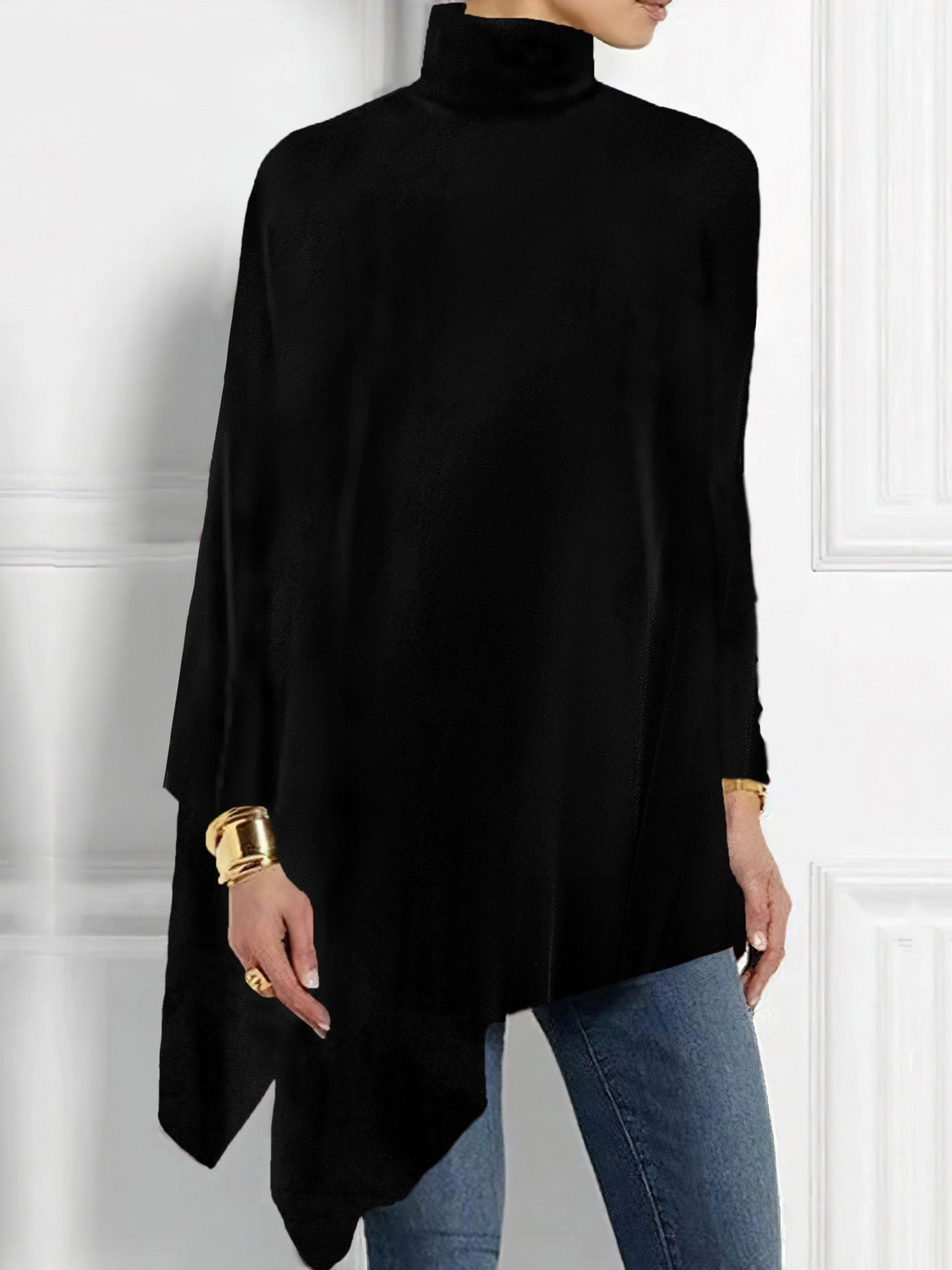 Turtleneck Velvet Long Sleeves Irregular Hem Blouse Black/M - Allegra K catalog