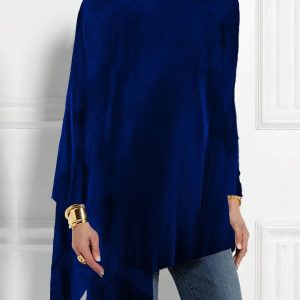 Turtleneck Velvet Long Sleeves Irregular Hem Blouse Royal Blue/M - Allegra K catalog