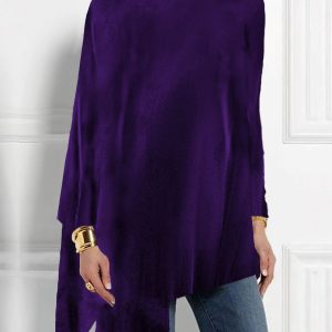 Turtleneck Velvet Long Sleeves Irregular Hem Blouse Purple/M - Allegra K catalog