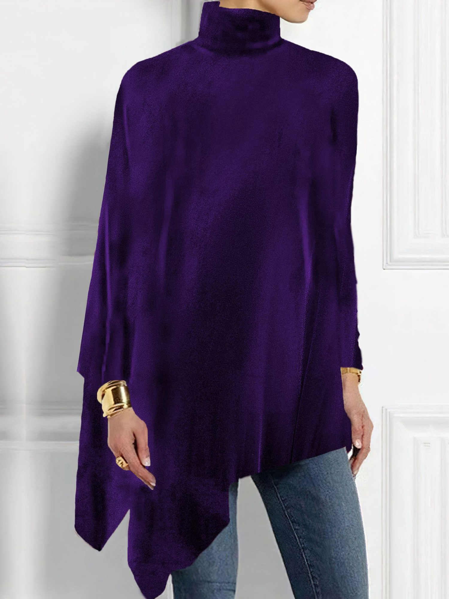Turtleneck Velvet Long Sleeves Irregular Hem Blouse Purple/M - Allegra K catalog