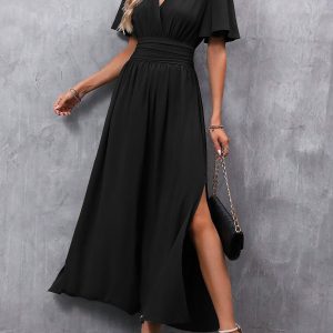 V Neck Flare Sleeves Smocked Slit Maxi Dress Black/XL - Allegra K catalog