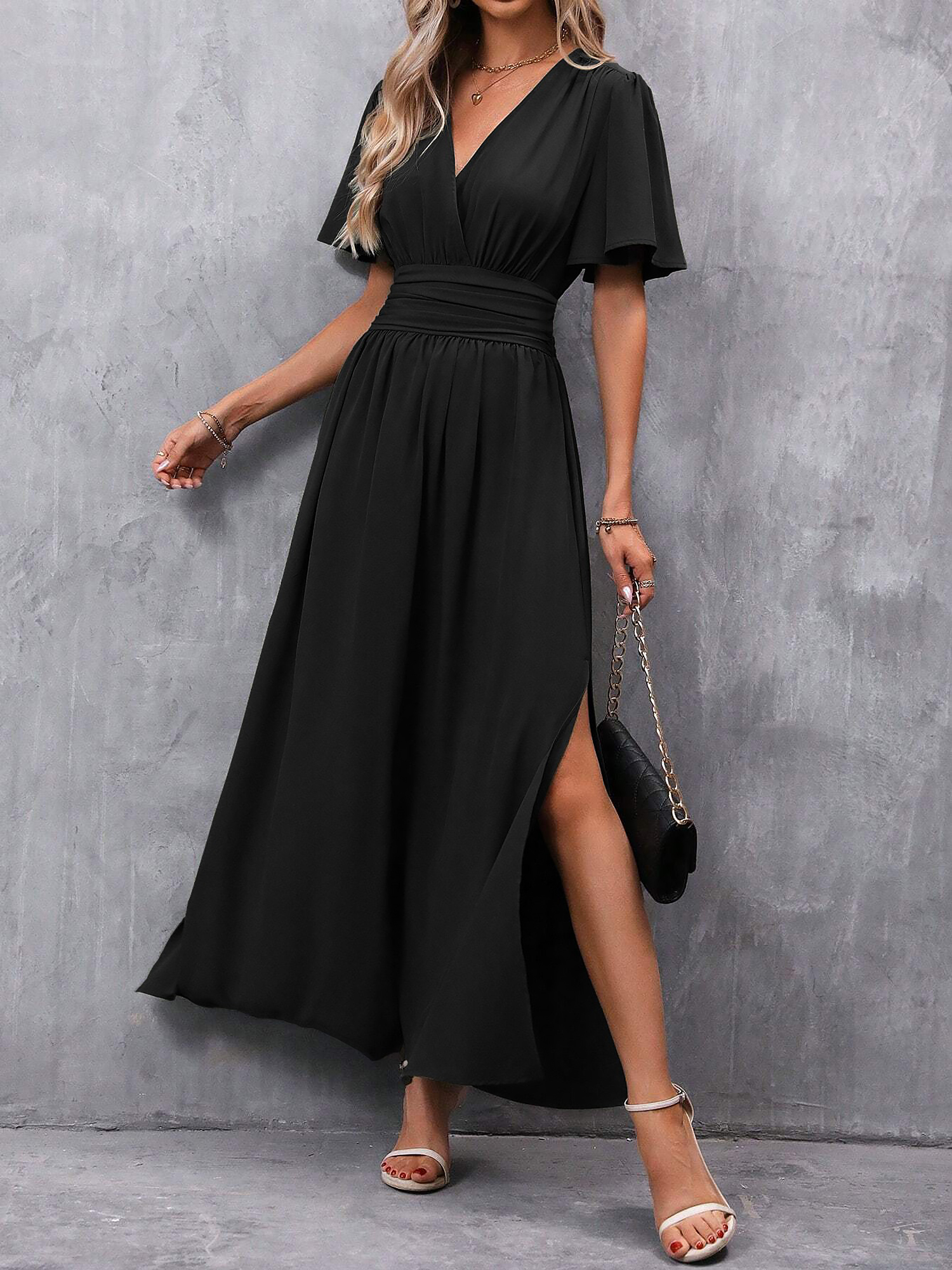 V Neck Flare Sleeves Smocked Slit Maxi Dress Black/XL - Allegra K catalog