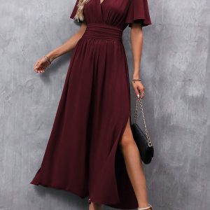 V Neck Flare Sleeves Smocked Slit Maxi Dress Burgundy/XL - Allegra K catalog