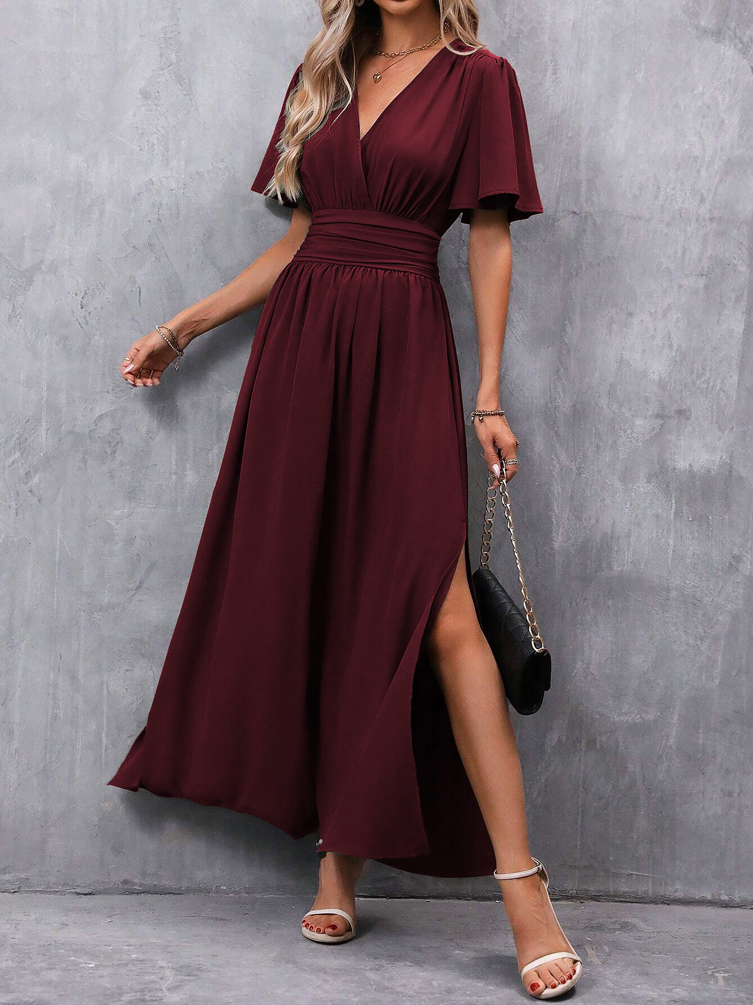 V Neck Flare Sleeves Smocked Slit Maxi Dress Burgundy/XL - Allegra K catalog