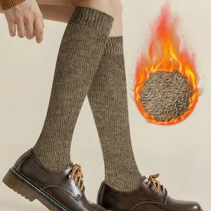 Winter Solid Color Fleece Lined Knee High Socks Khaki/M - Allegra K catalog