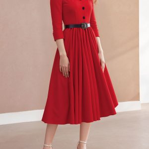 Vintage Peter Pan Collar Belted A-Line Midi Dress Red/XS - Allegra K catalog