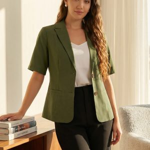 Cotton Linen Office Business Short Sleeve Notched Lapel Blazer Jacket Army Green/XL - Allegra K catalog