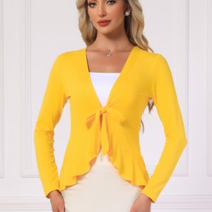 Women's Tie Front Knit Ruffled Long Sleeve Open Cardigan Deep Yellow/M - Allegra K catalog